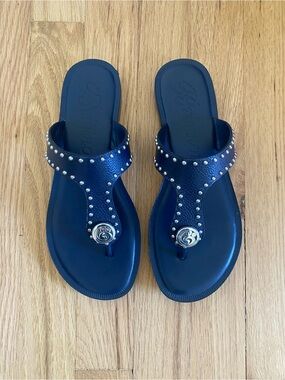 Brighton Alfa Navy Blue Studded Leather Thong Sandals – Size 6.5M